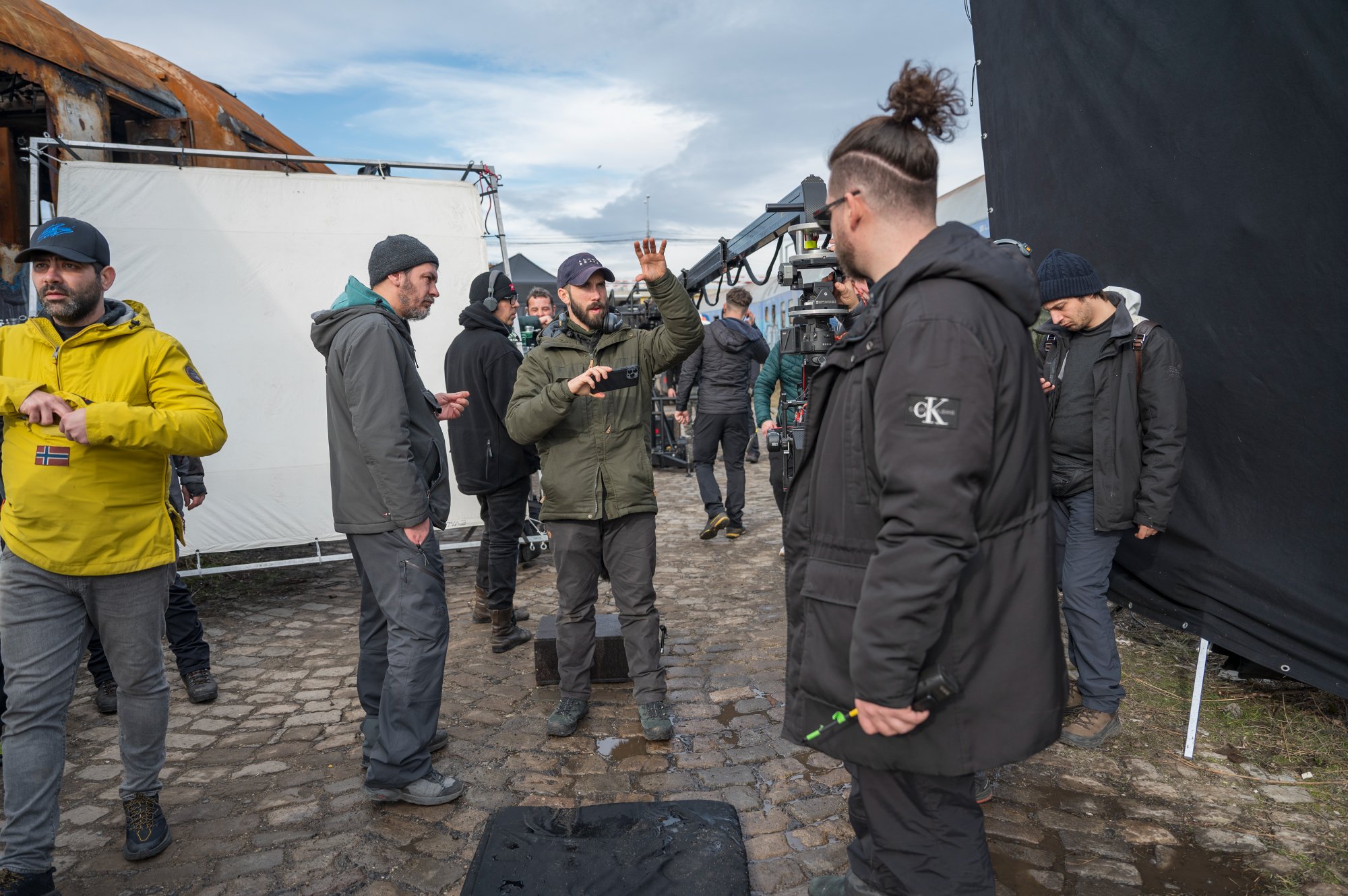 Nathan directing the crew on the cobblestone streets of Bucharest