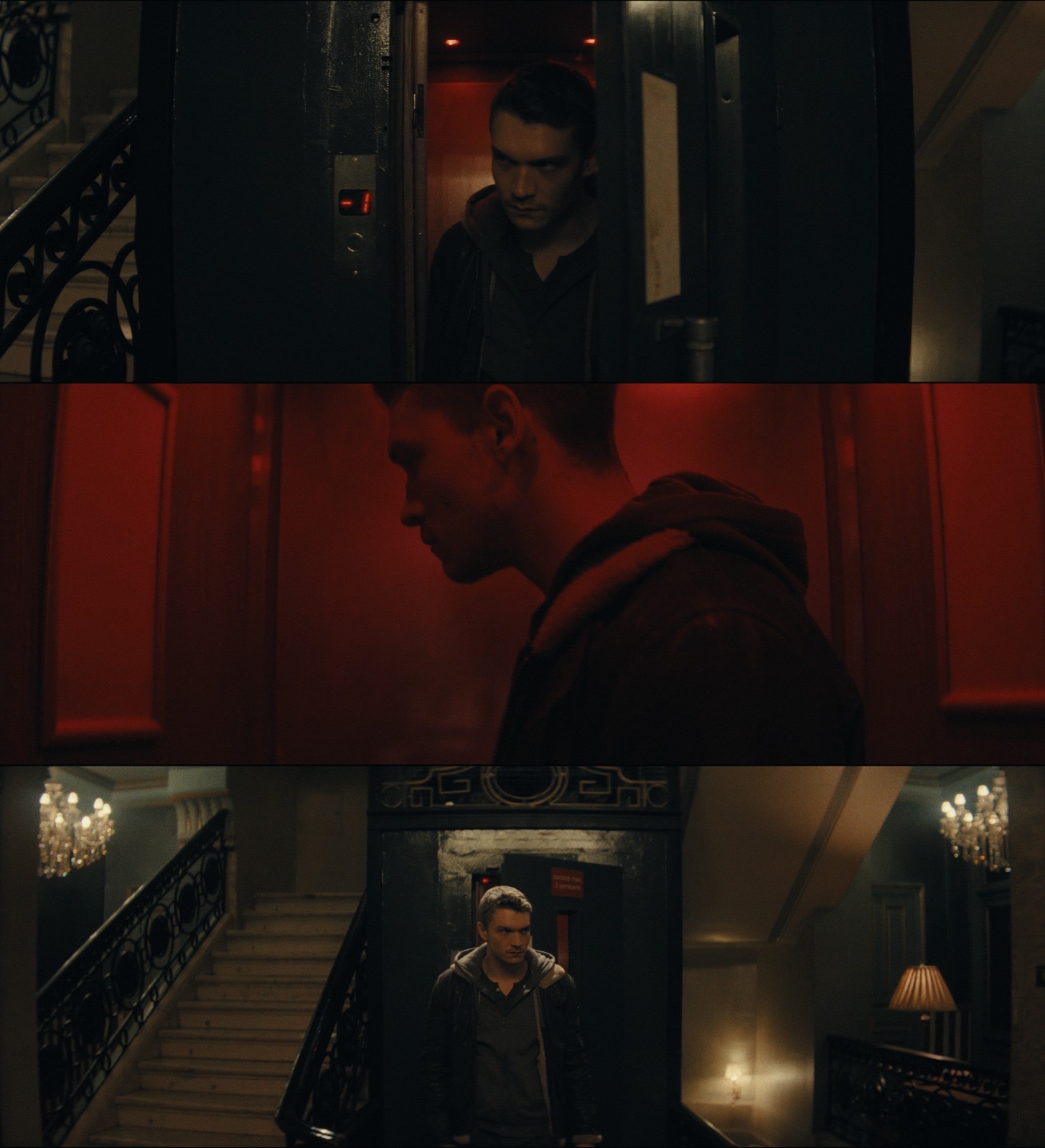 Elevator red light triptych — Baxter stepping into red, searching for his sister
