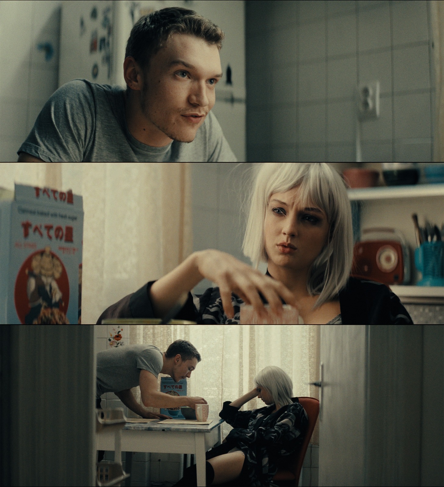 Kitchen morning scene triptych — Baxter and April in warm domestic light