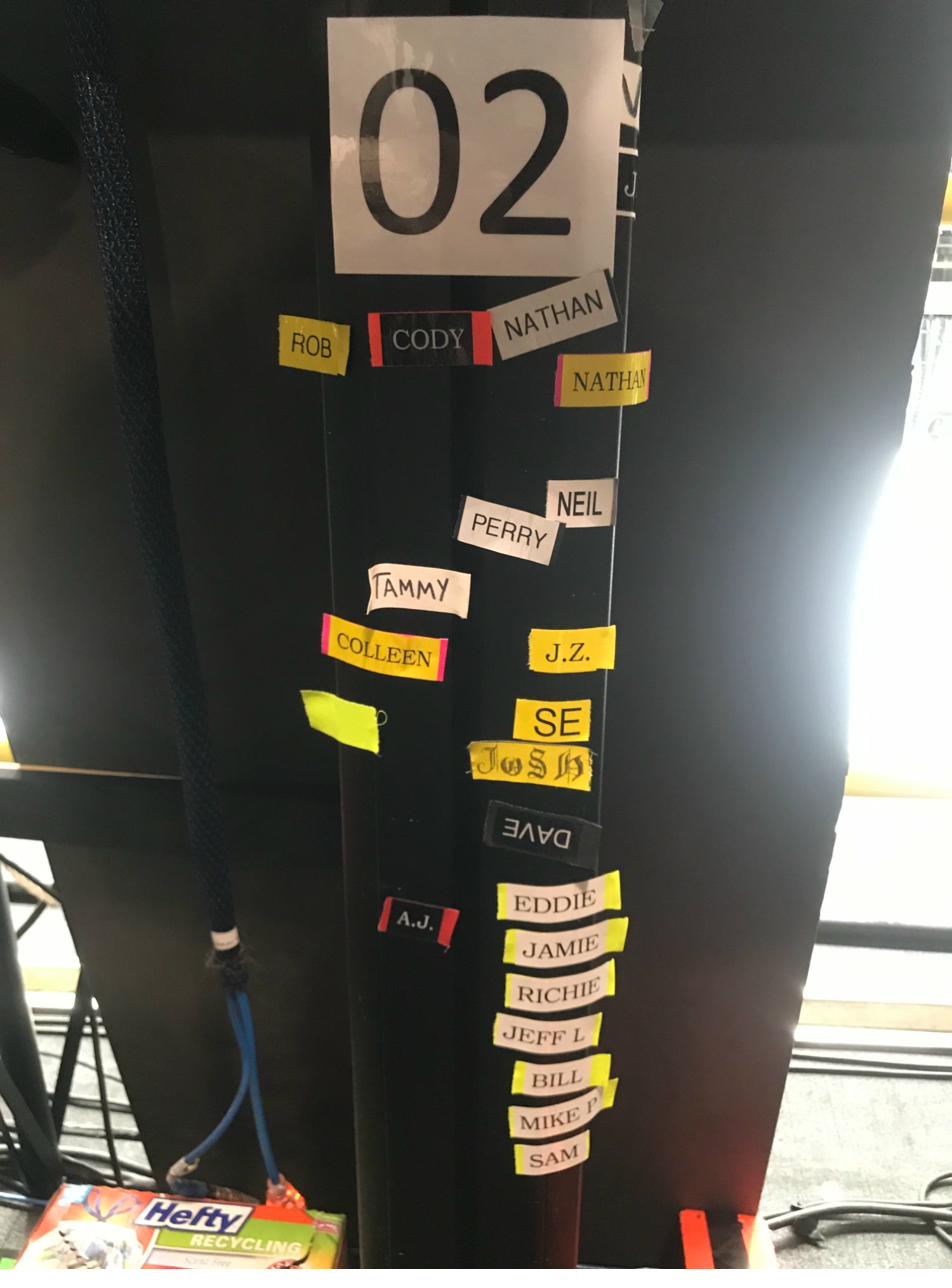 Camera operator names taped to a column on set — Nathan's name at the top