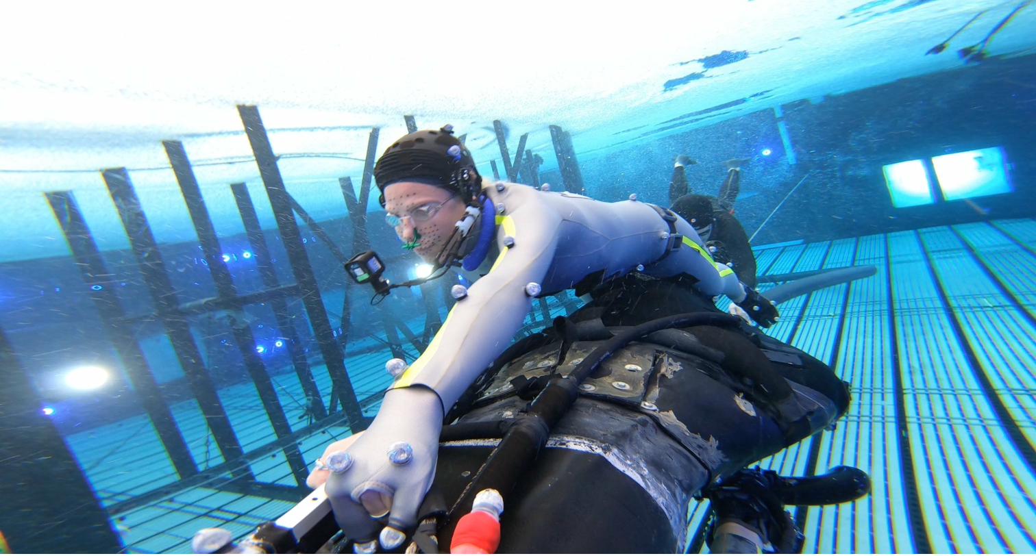 Underwater stunt performance in mocap suit inside the performance capture tank