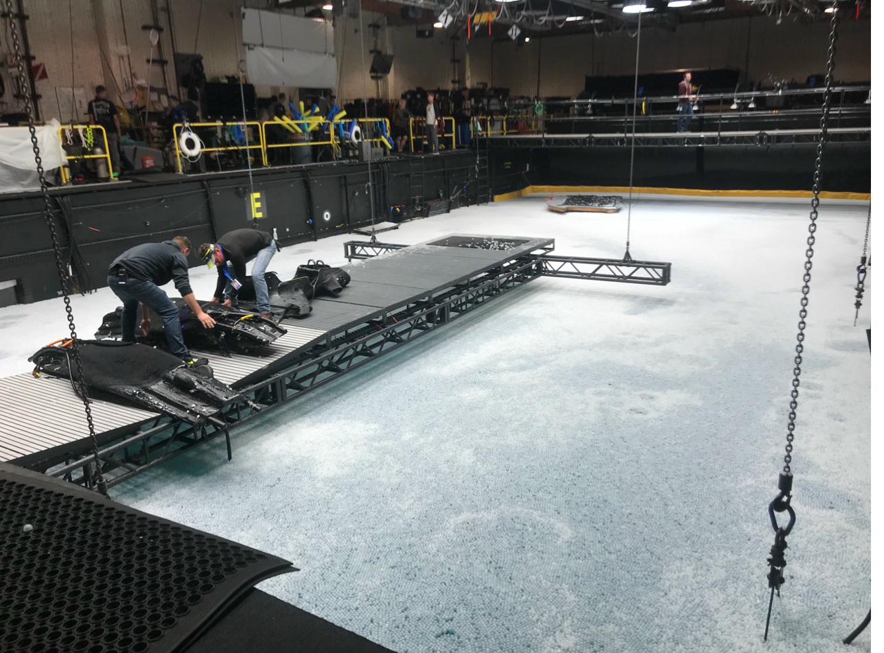 The water tank stage at Manhattan Beach Studios — rigging and platforms over the massive tank