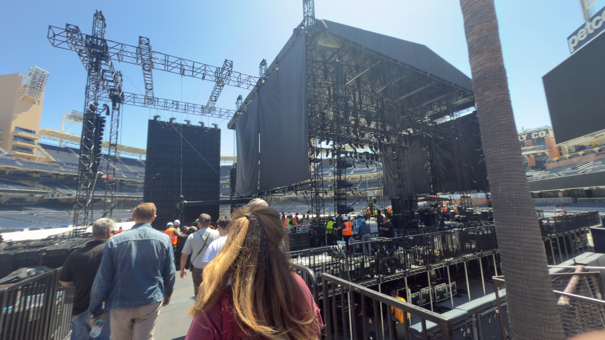 Walking into the stadium at Petco Park — the massive stage rigging visible before sound check