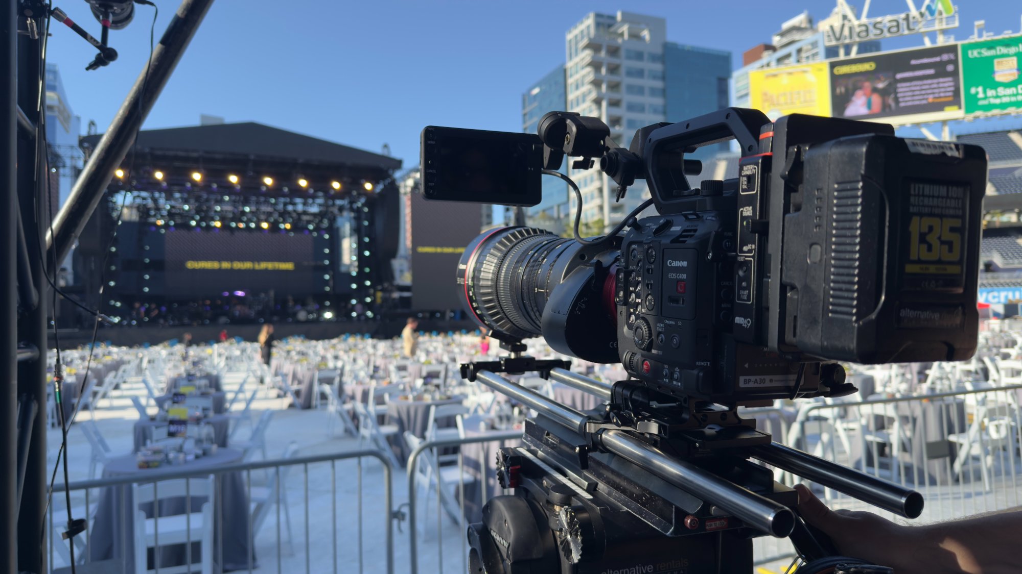 The Canon C400 with the 50-1000mm zoom pointed at the stage during sound check at Petco Park