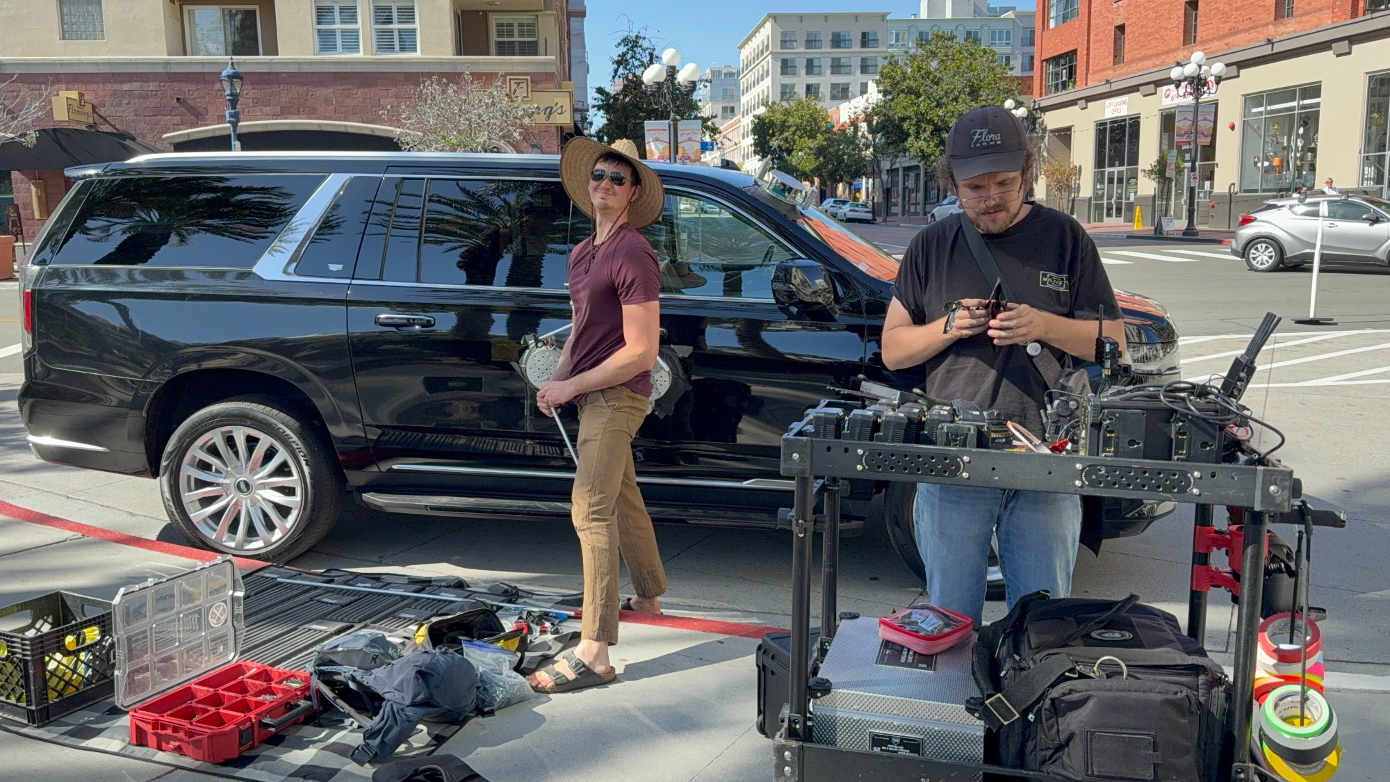 The small documentary crew loading gear on the streets of San Diego