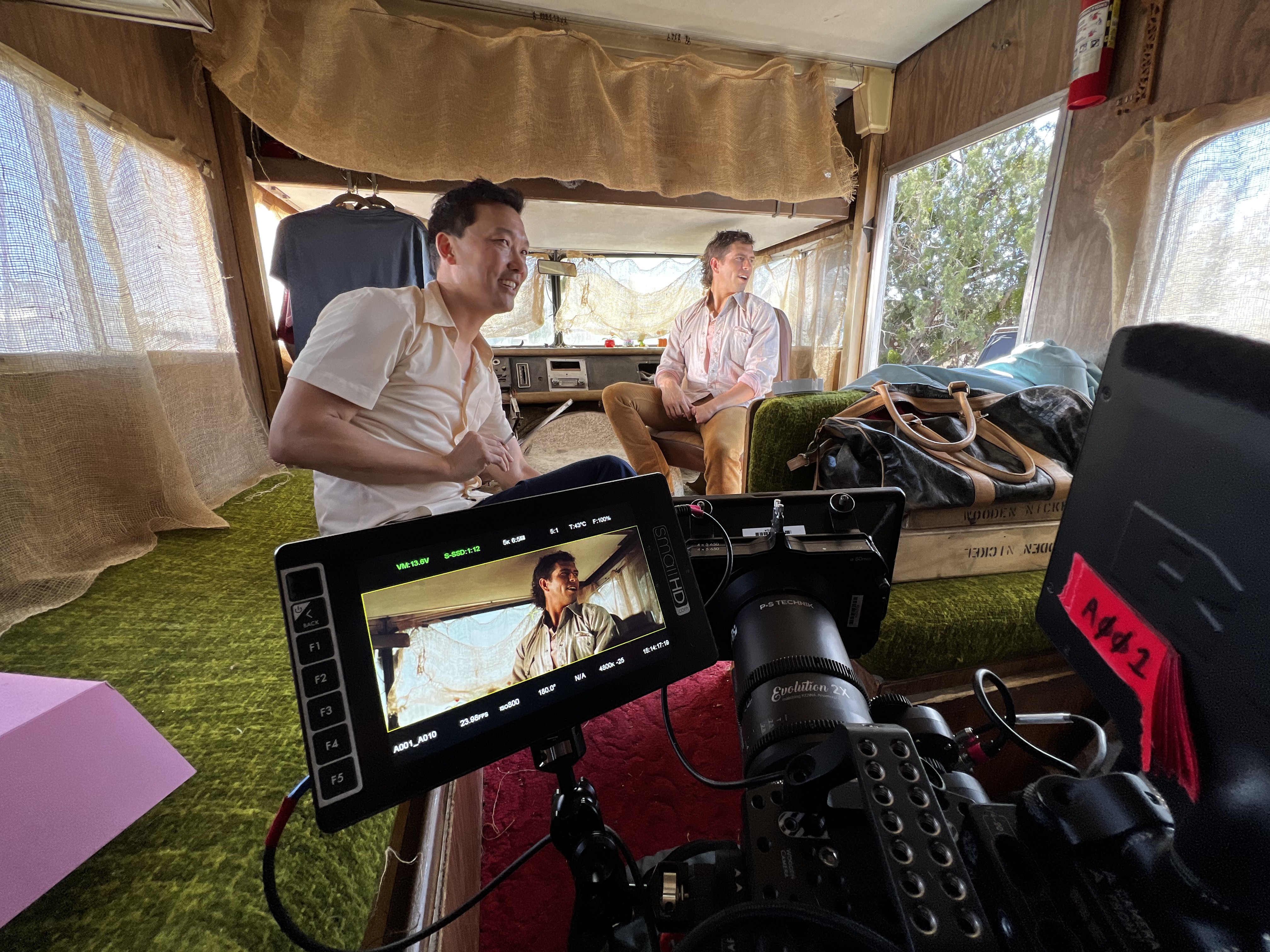 Behind the scenes on Helmet — crew on location in California desert