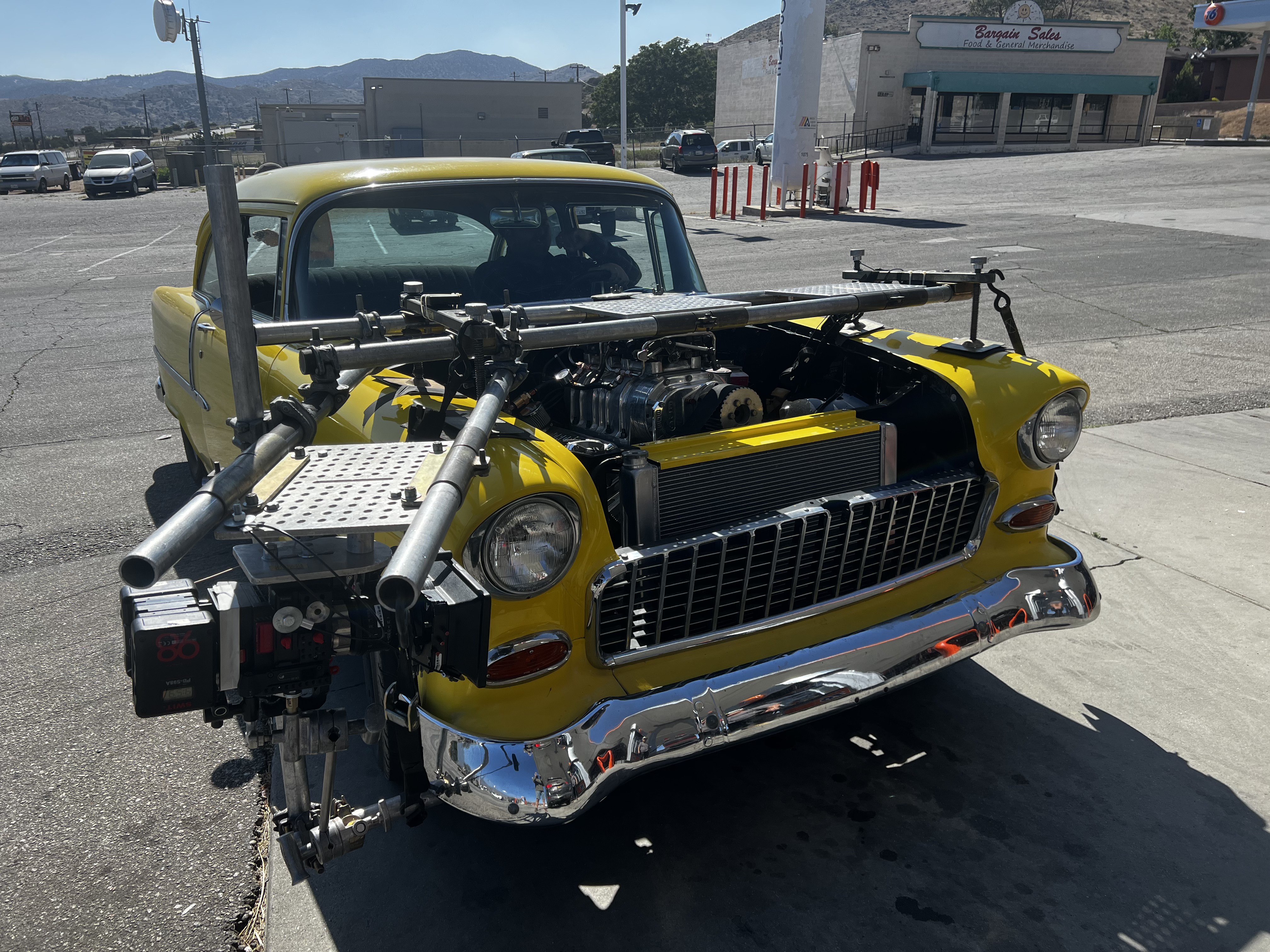 Car rig detail — camera and mounting hardware on the vehicle
