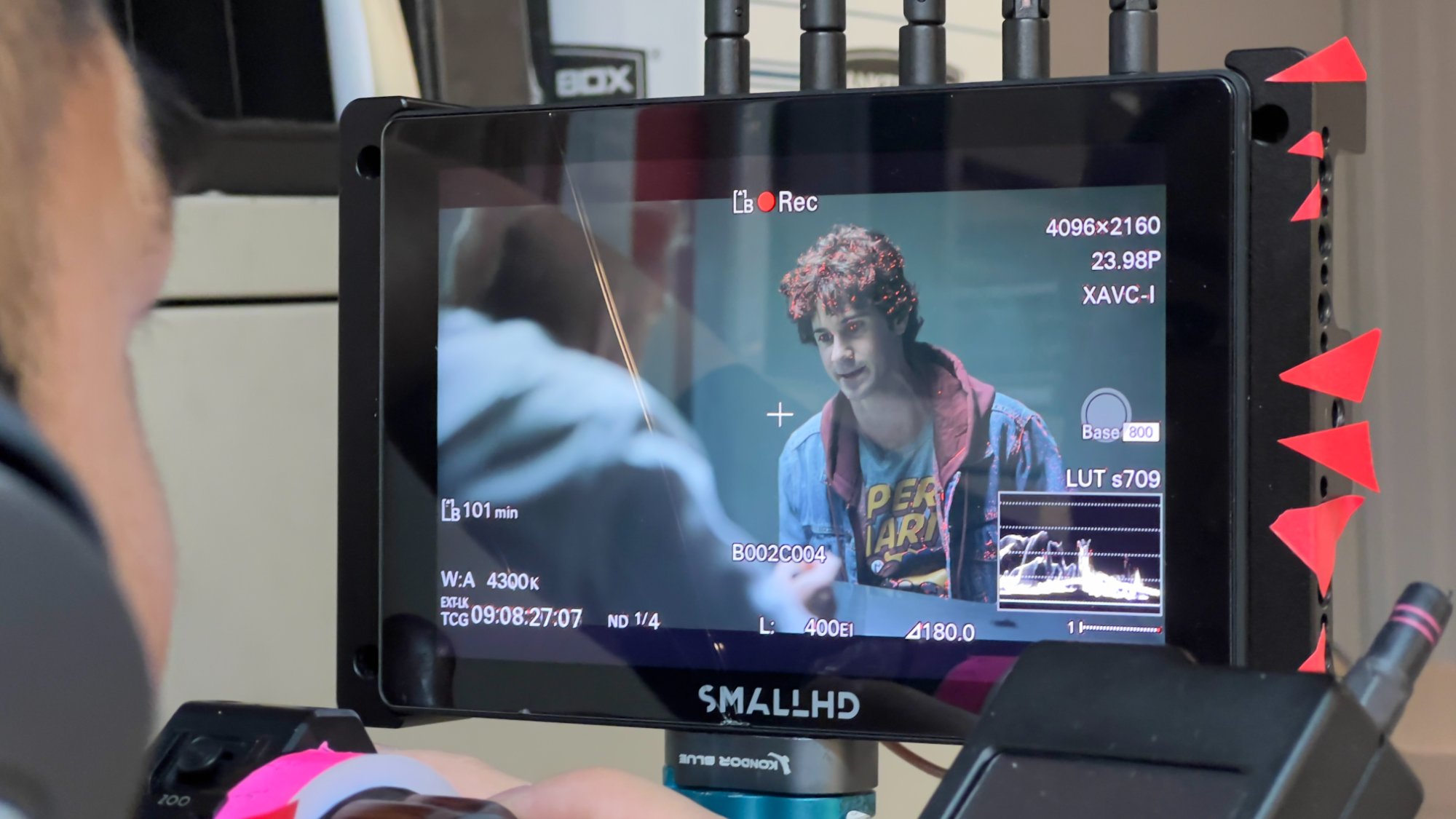 SmallHD monitor on set showing the FX9 feed — 4096x2160, XAVC-I, S709 LUT
