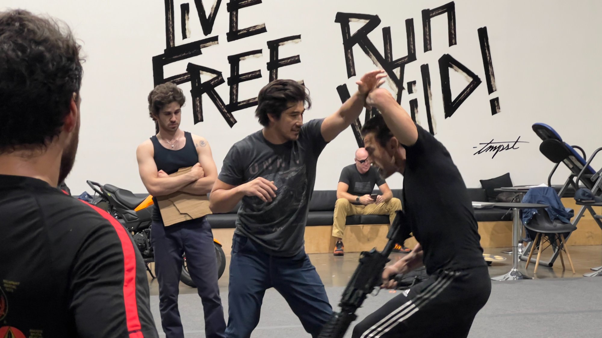 Fight choreography previs at the freerunning academy in Northridge — stunt team rehearsing with Garrett Warren