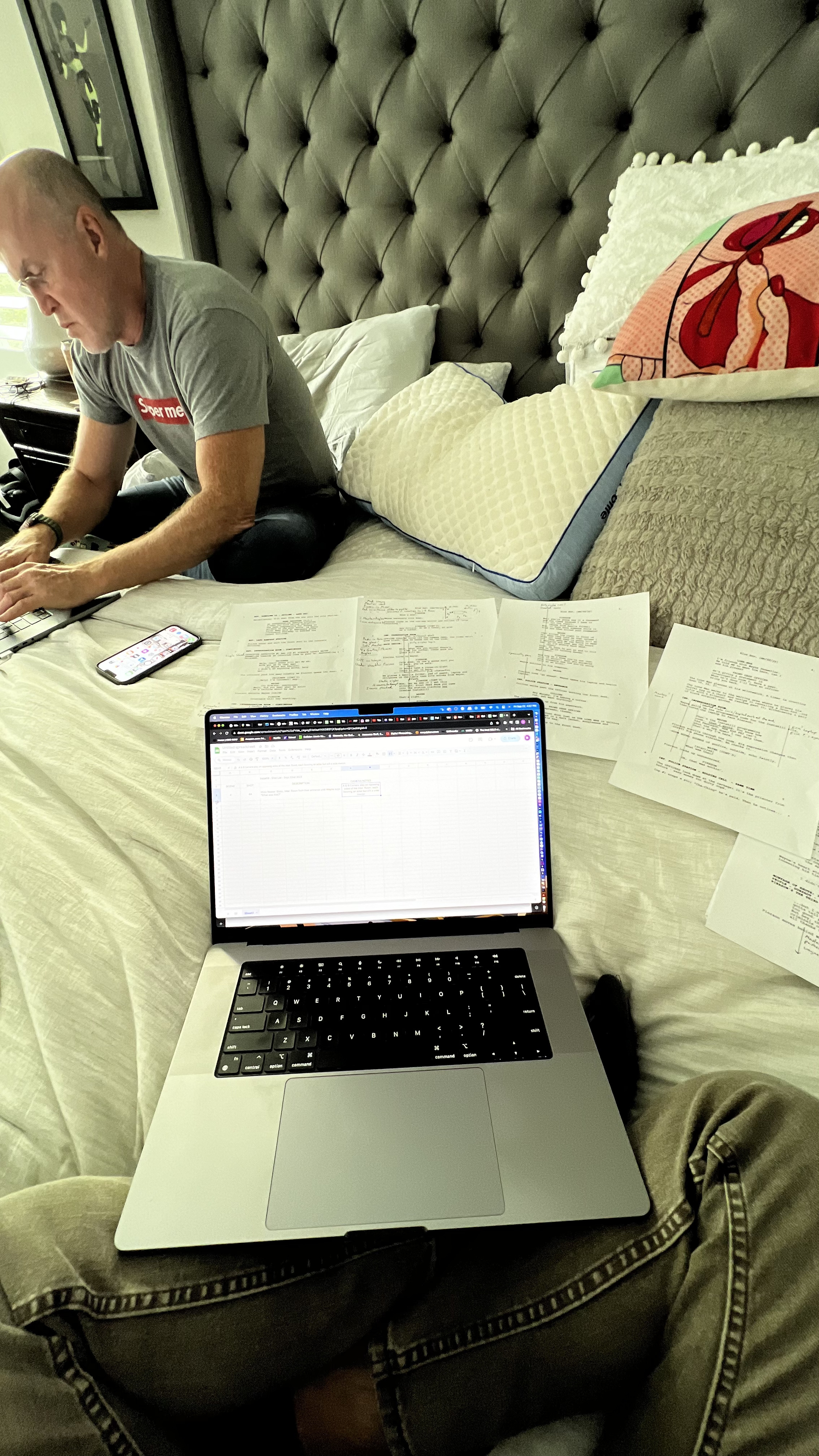 Garrett Warren blocking the hospital set during prep with the stunt team