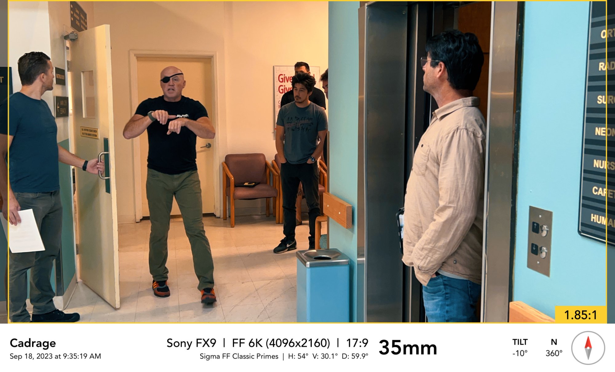 Scouting the hospital set with Garrett Warren — Cadrage viewfinder app showing framing